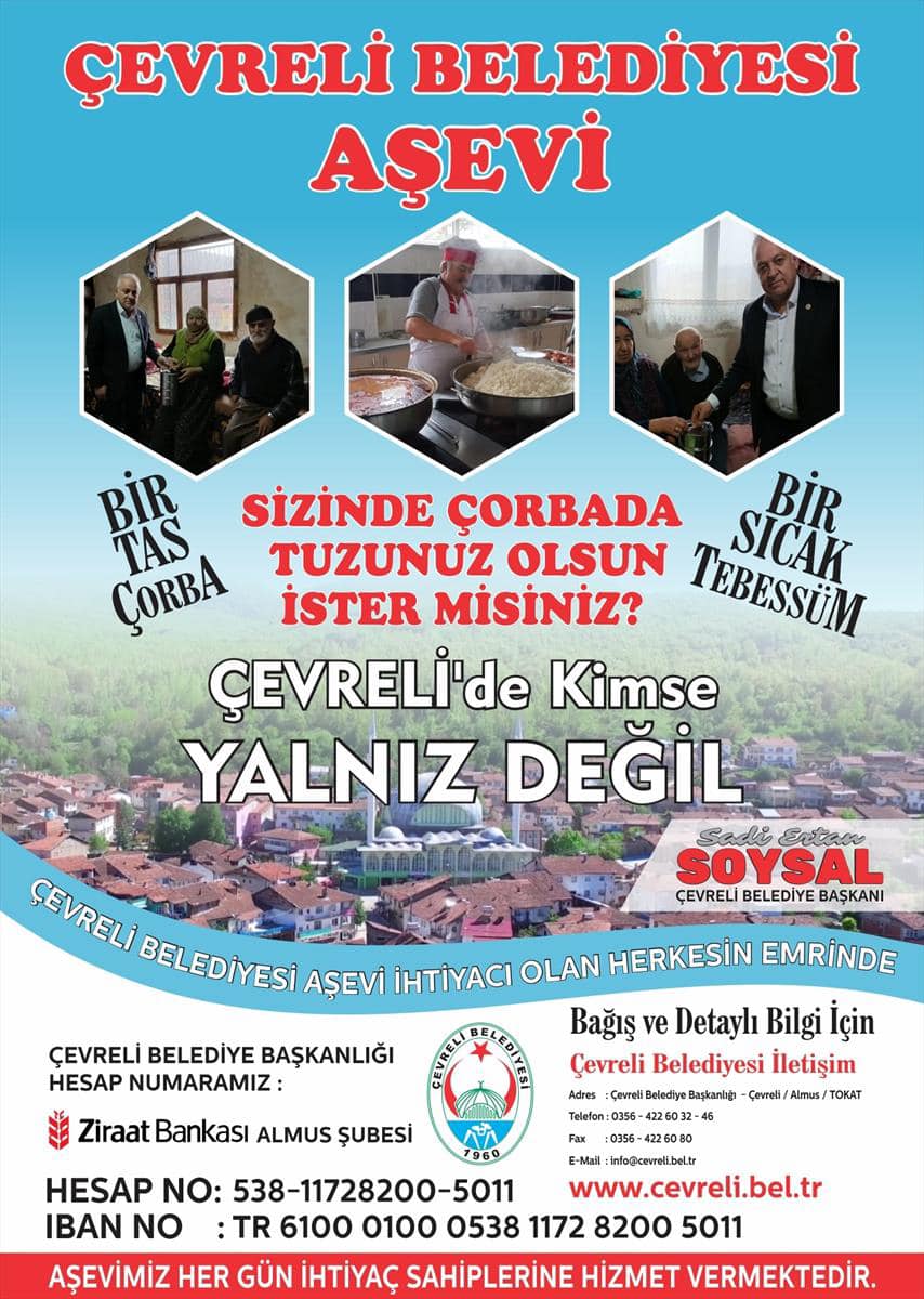 Ramazan Ayı Boyunca Günlük İftar Vermek İsteyen Vatandaşlarımıza Duyurulur. İftar Bedeli 2.000 TL'dir Aş Evi İban No: TR6100 0100 0538 1772 8200 5011 